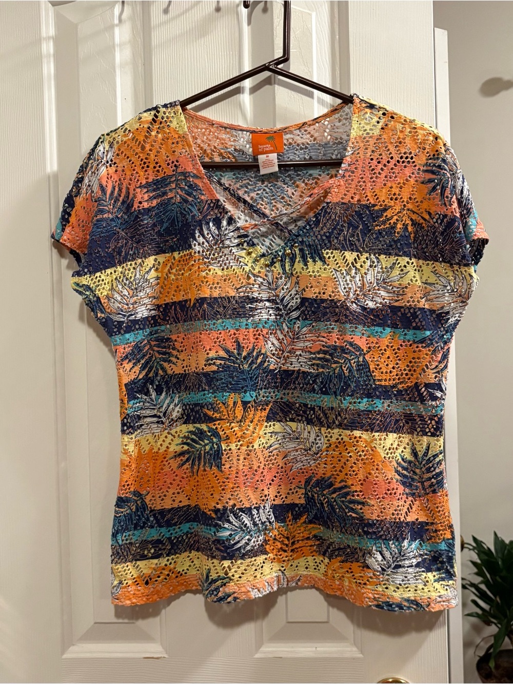 Hearts Of Palm Blouse Tropical Leaf Print Crochet-knit Design Colorful Size M